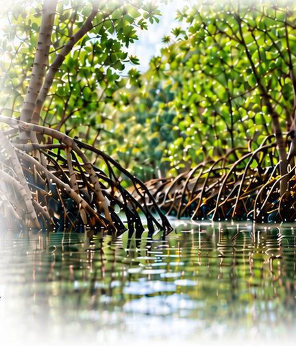 Mangrove roots and green canopy reflected in tidal water